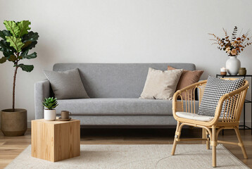 Living room with a gray couch, rattan chair, and a wooden side table.