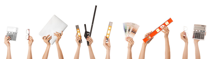 Many hands with architect's supplies and laptop on white background