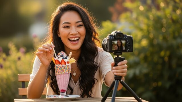 Young asian woman vlogger filming a video of herself with a delicious milkshake outdoors. Social media content creation and food blogging concept.