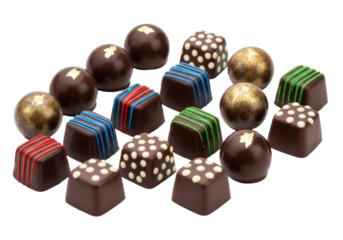 macro shot of glossy dark belgian chocolate bonbons and pralines, featuring intricate gold leaf and vibrant geometric cocoa butter decor on white studio background, high angle view, concept of