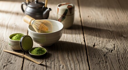 Traditional Japanese tea ceremony preparation with matcha powder and tools.