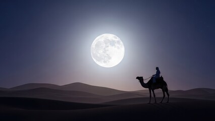 Man riding camel in desert under full moon. Arabian night journey. Wildlife and astronomy concept. Travel and adventure.