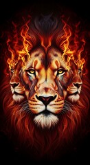 Fierce lion with fiery mane and multiple heads looks intimidating.
