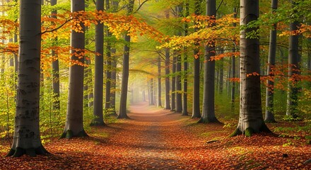 A forest path lined with trees shows autumn leaves scattered on the ground.