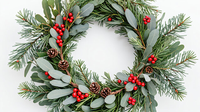 Weihnachtskranz mit Eukalyptus, Tannenzweigen und roten Stechpalmenbeeren isoliert auf wei&szlig;em Hintergrund