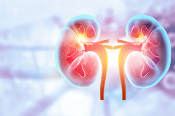  A modern illustration of the renal system integrated into a high-tech, abstract digital background, symbolizing advanced diagnostics and medical technology. 3d illustration