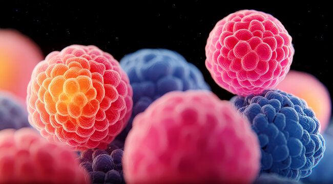 Close-up view of colorful microscopic cells in scientific research