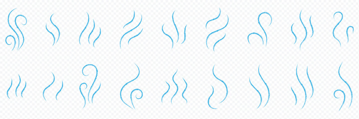 Blue smoke and steam icon set vector on transparent background. Hit stink, coffee, fragrance flame elements. Smoke smell, steam aroma heat symbol. handdrawn wavy lines brush grunge icon vector set.