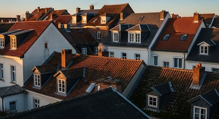 Rooftops of traditional houses illuminated by warm sunlight in a historic district.