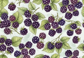 Ripe blackberries with green leaves adorn this seamless pattern.