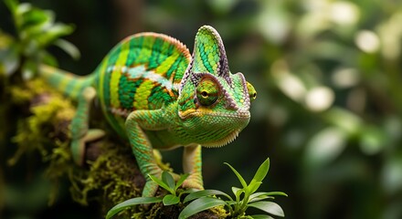 A vibrant green chameleon with distinct patterns rests on a moss-covered branch.