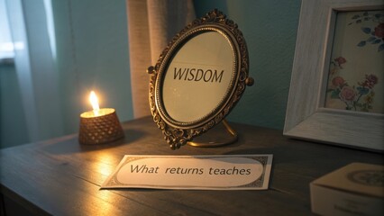 Naklejka premium Elegant display of a gold-framed mirror with the word 'Wisdom' next to a candle and an inspirational quote on a wooden table