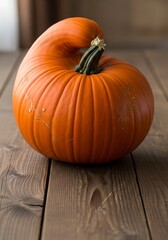 Orange pumpkin with unique stem rests on weathered wooden planks.