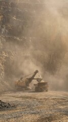 Heavy Machinery Operation in Dusty Stone Quarry at Sunrise