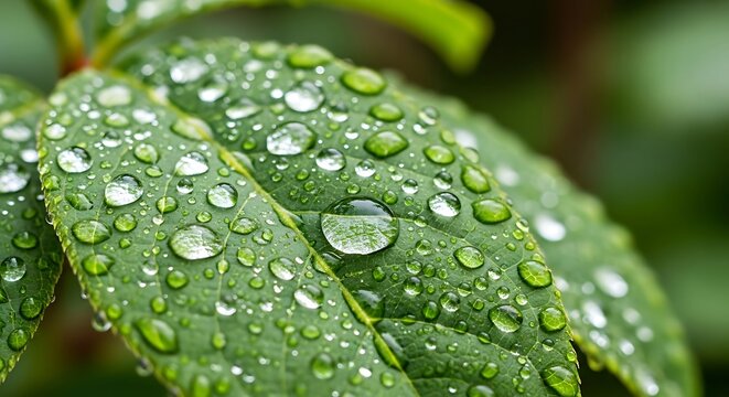 Fresh green leaf covered with many clear water droplets after rain. - Powered by Adobe
