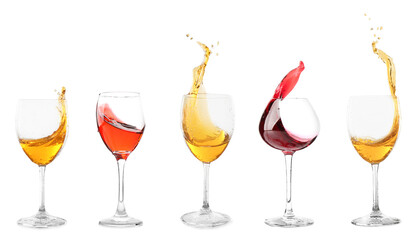 Set of glasses with splashing wine on white background