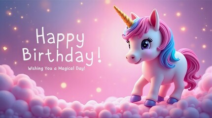 Magical unicorn birthday card with pastel clouds, glowing stars, and heart-shaped sparkles