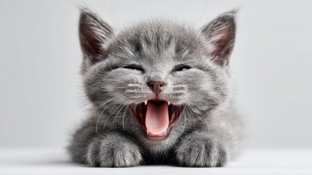 Adorable gray kitten yawning widely, showing tiny teeth and pink tongue