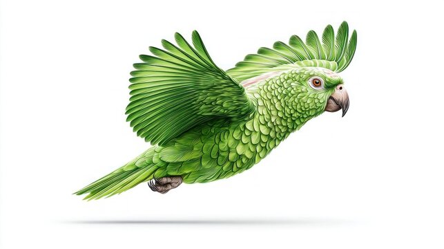 Vibrant green parrot in flight against a clean white background