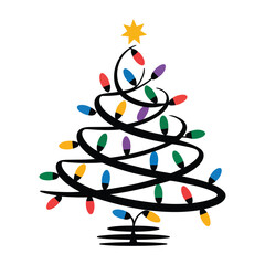 Obraz premium Festive Christmas tree illustration with a swirling ribbon outline decorated with colorful holiday lights and topped with a golden star, perfect for seasonal greeting cards, winter décor, and holiday 