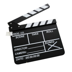 Obraz premium Film clapperboard with cut-out arrow and blank fields on transparent background