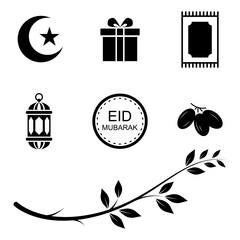 Eid Mubarak vector icons set, perfect for various celebratory design projects. This collection features a crescent moon with a star, a gift box, prayer mat, lantern, the Eid Mubarak message, dates.