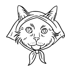 cute babushka cat head scarf line art