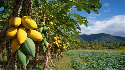 Papaya Plantation With Ripe And Unripe Fruits Under Sunny Skies With Mountainous Landscape