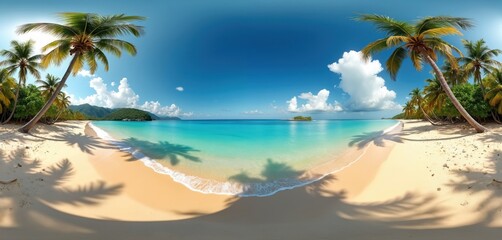 Obraz premium Wide panoramic view of empty tropical island beach with palm trees. Turquoise ocean waves gently lap onto golden sand under a clear blue sky with white clouds.