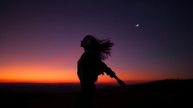 Silhouette of a person moving freely against a vivid gradient sunset sky, capturing emotional freedom and atmospheric color for creative visual projects