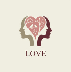 Creative dual-face human profile logo with a heart-shaped tree and two lovebirds at the center, symbolizing connection.