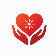 Bright gradient logo featuring caring hands cupping a stylized heart with a radiating light or starburst.