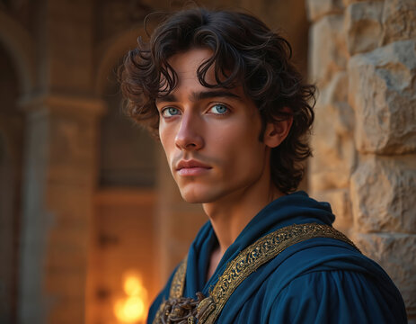 Young man with blue eyes wears historical blue robe with gold trim. He stands against stone wall with ancient building blurry background. Shows wisdom and strength.