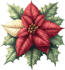 Vibrant red poinsettia flower isolated on white for a Christmas holiday decoration