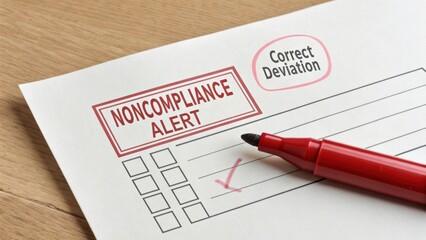 Noncompliance Alert Document with Checklist and Red Marker for Immediate Action to Ensure Compliance and Correct Deviations