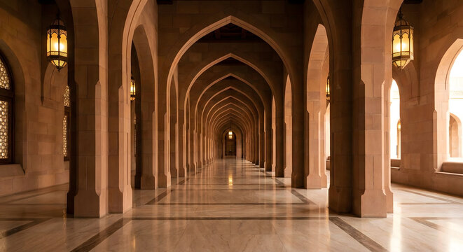 A long, arched hallway with pillars and lanterns, showcasing intricate Islamic architecture and a reflective floor, creating a sense of depth and grandeur.