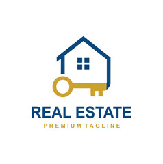 Simple and modern real estate logo featuring a stylized house merged with a golden key, signifying home ownership