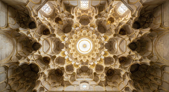 Intricate and ornate ceiling with geometric patterns and a central light, showcasing detailed architectural design.