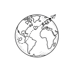 Obraz premium Doodle globe with airplane and heart, transparent background