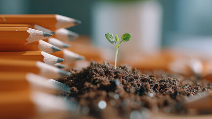 Teacher growth mindset small seedling emerging from soil beside pencil tips symbol of learning and development