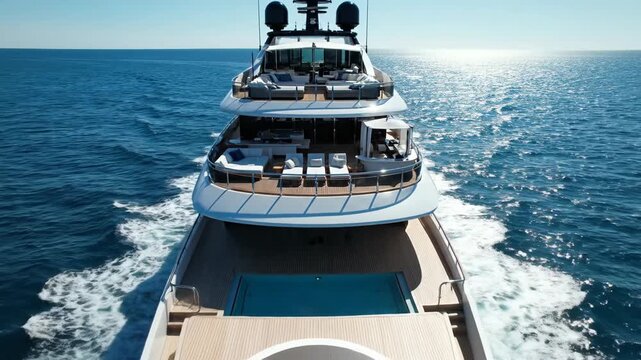 A large luxury superyacht with multiple decks and a swimming pool sails across the deep blue ocean on a sunny day.