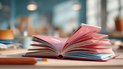 Teacher growth mindset open book on wooden desk in bright classroom inspiring learning scene