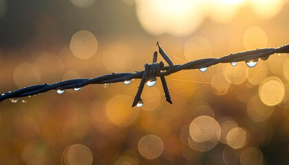 Close-up of barbed wire with water droplets, soft bokeh background, and golden light