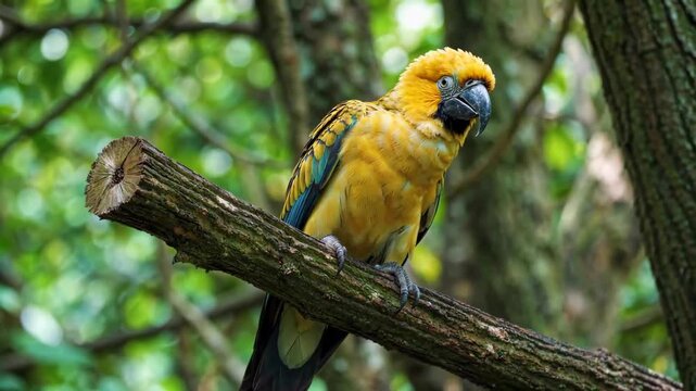 Close-up of yellow parrot on a branch Macaw perches on a branch