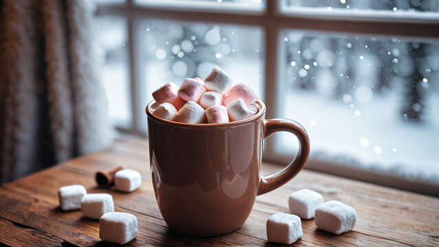 Hei&szlig;e Schokolade mit Marshmallows vor verschneitem Winterfenster