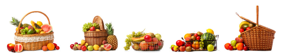 Collage of baskets with fresh tropical fruits on white background