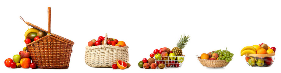 Group of baskets with fresh tropical fruits on white background