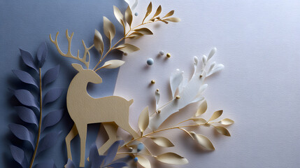 Gold deer silhouette with layered paper leaves on a textured blue background.