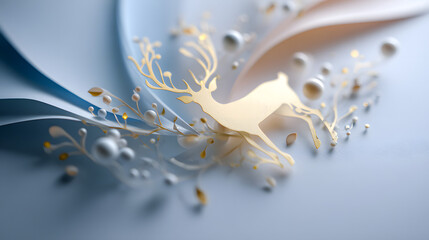A delicate gold deer silhouette with flowing blue ribbons and floral accents on a soft blue background.