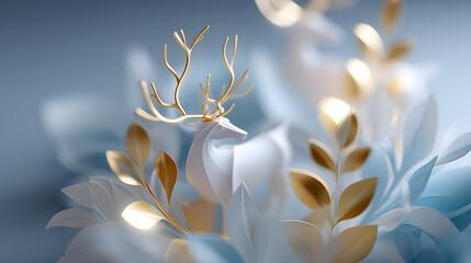 Delicate papercraft deer sculpture with gold antlers amid pale layered leaves in a soft blue, ethereal setting.